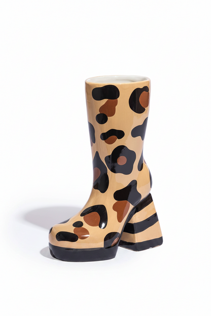Ceramic high-heel boot vase, leopard print