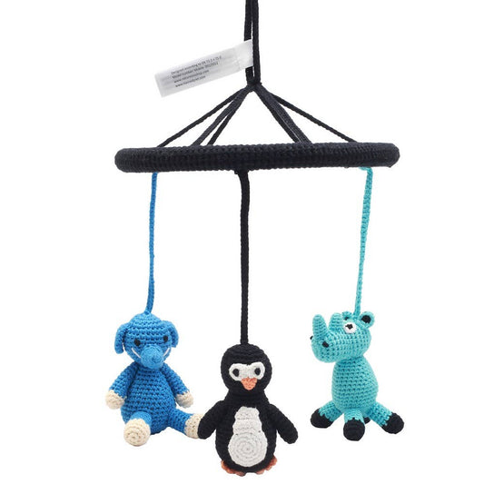 Crocheted mobile with rhinoceros, penguin and elephant