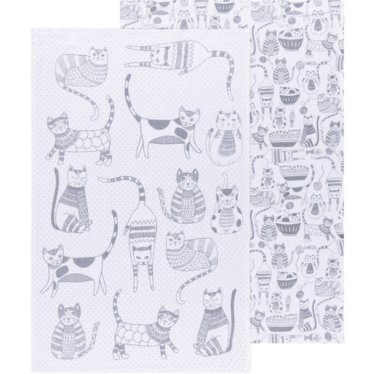 Set of 2 Cat Print London Gray Dish Towels