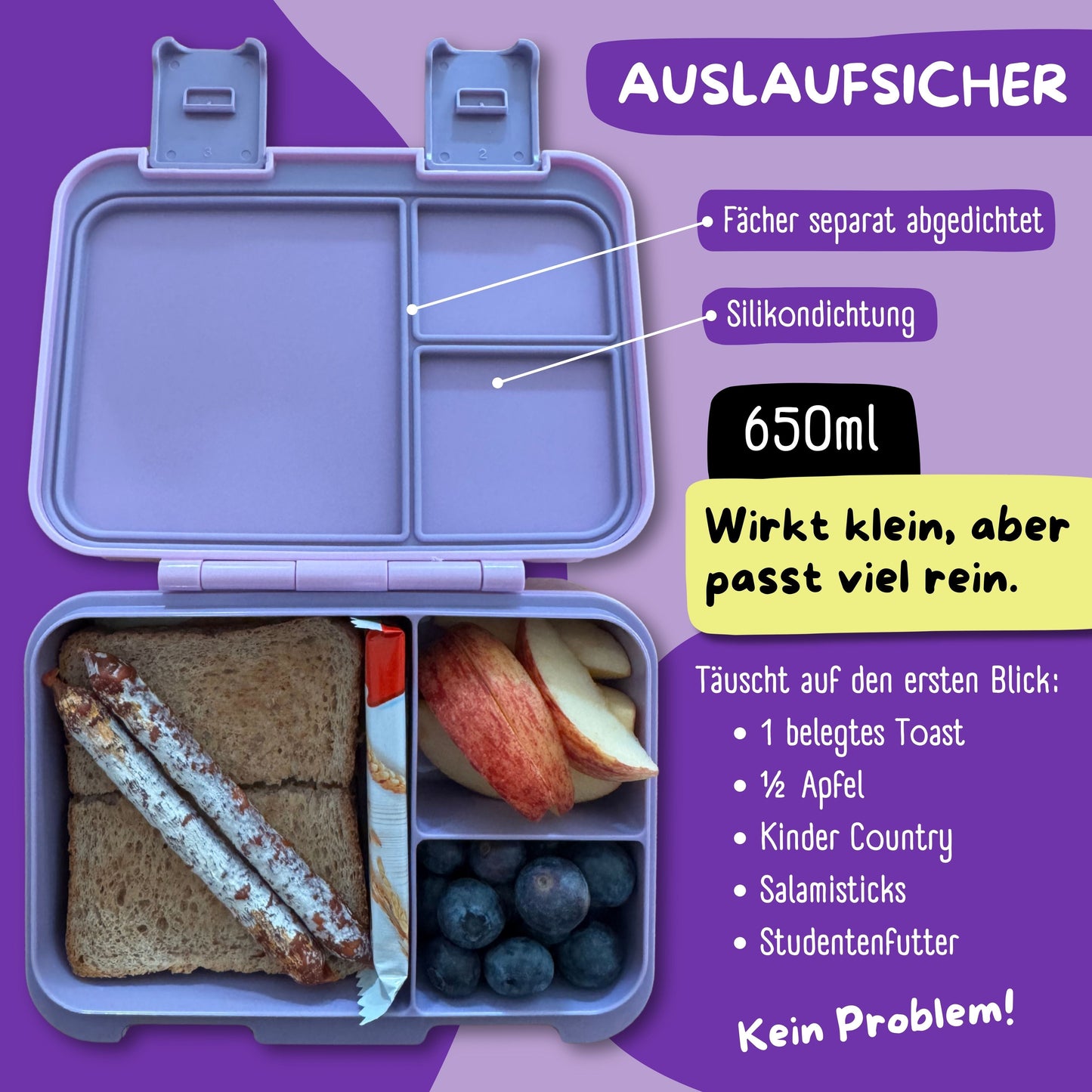 Brotdose mit Fächern, leicht & auslaufsicher - Einhorn GLOW