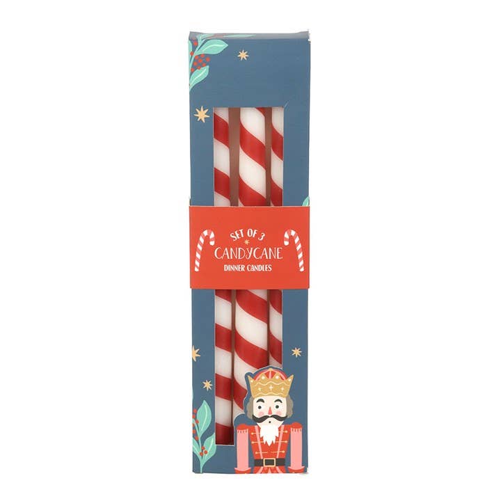 Set of 3 candy cane striped Christmas taper candles