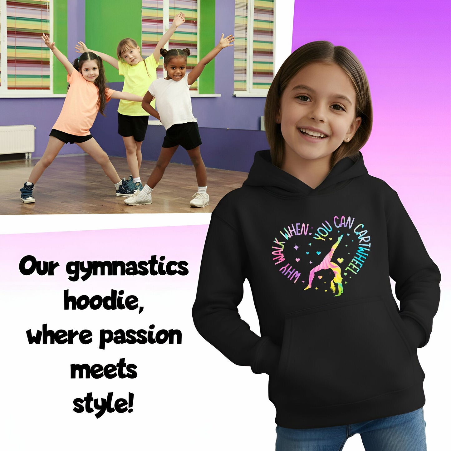Fringoo Gymnastic Sweat à capuche for enfant Cotton Rich Soft Hooded Sweatshirt- Gymnastic CartWheel- noir