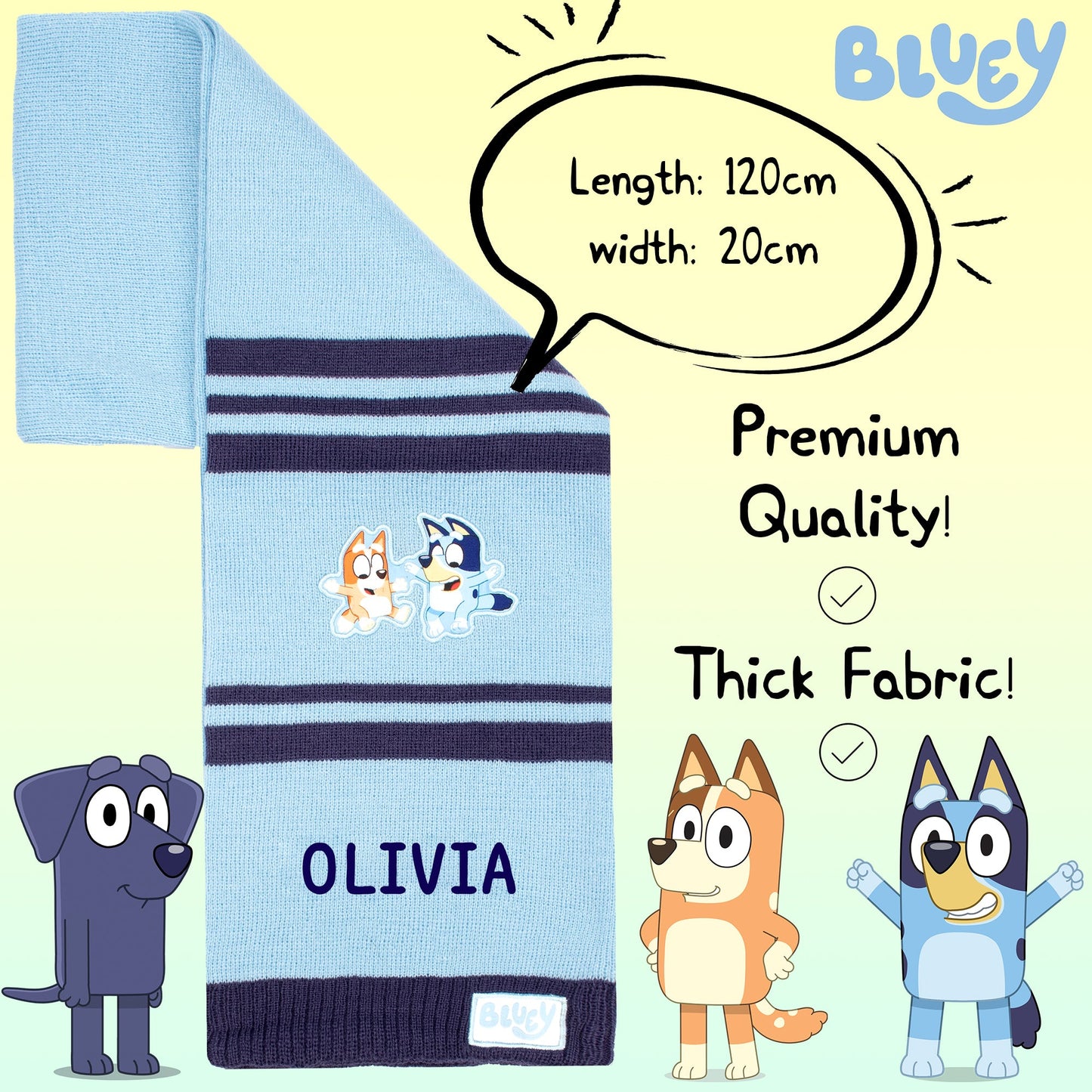 Bluey Children's Scarf Winter Woolly Scarf Soft and Warm Embroidered Name