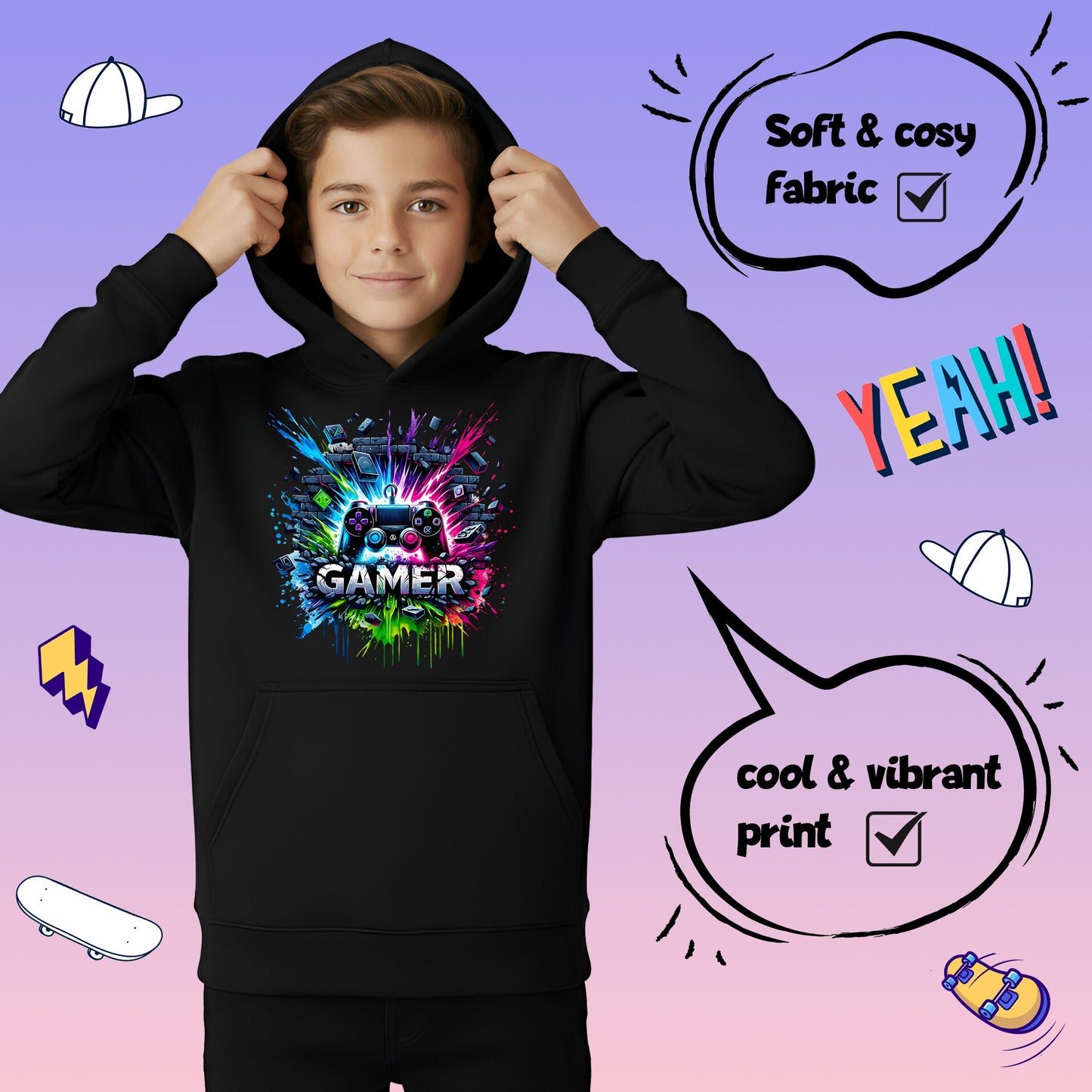 Fringoo gamer Sweat à capuche garçon Cotton Rich Soft Hooded Sweatshirt- gamer Splash noir