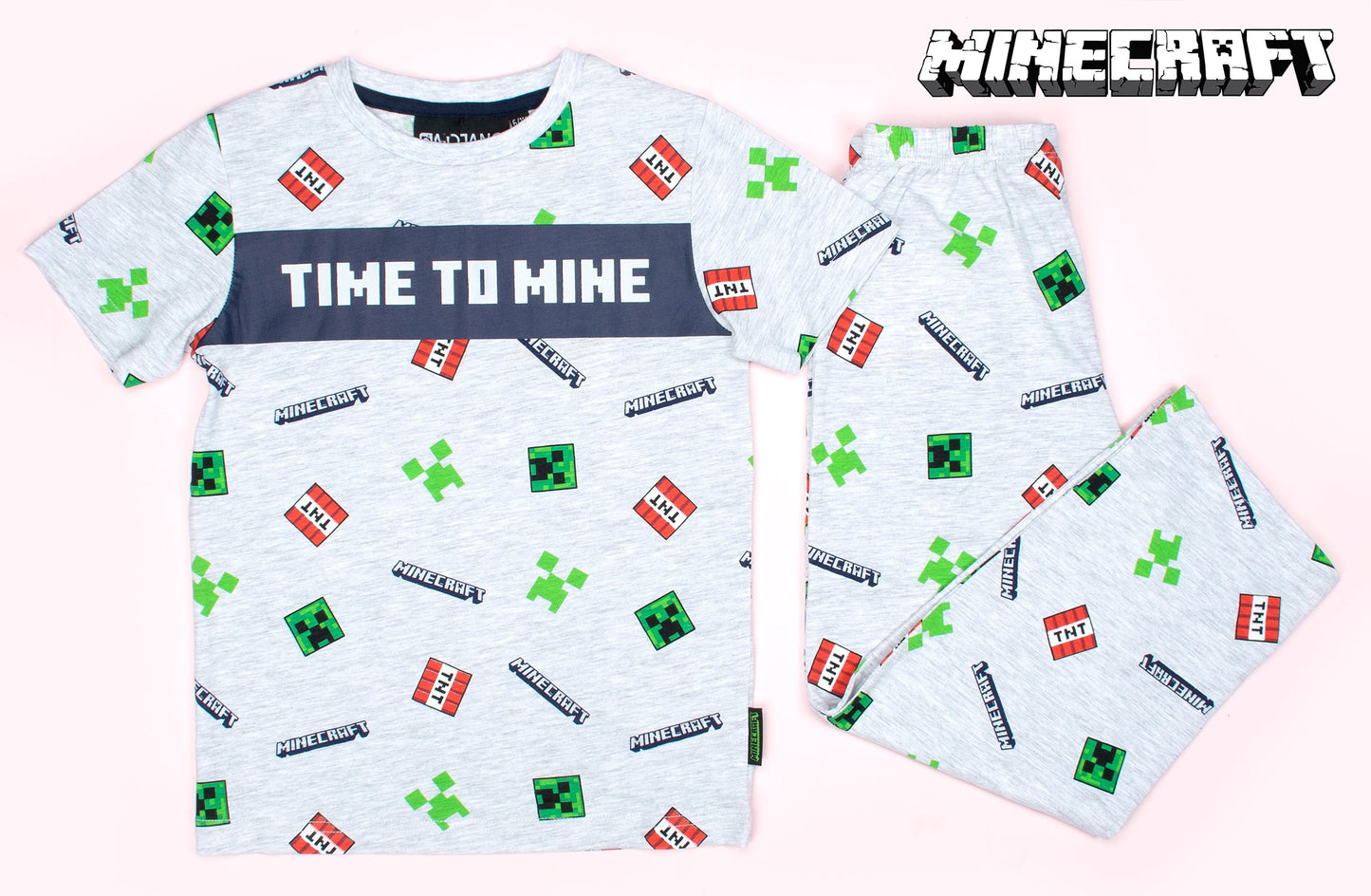 Minecraft Short Sleeve Pyjama Set - 'Time to Mine' Grey