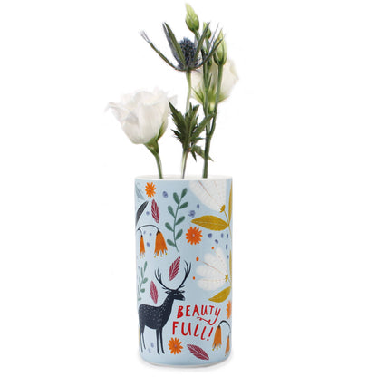 Keramische vaas met Scandinavisch bloemenpatroon en dieren.