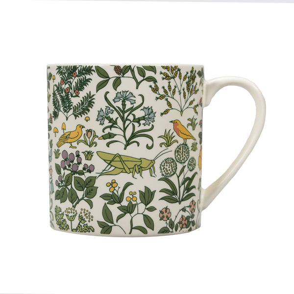 Voysey keramische mok met botanische tuin en dieren in crèmekleur.