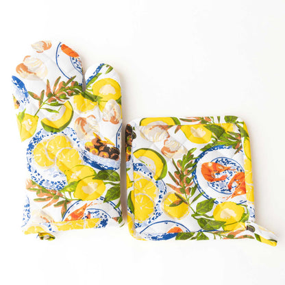 Ensemble manique et gant de cuisine Lemon Santorini en coton