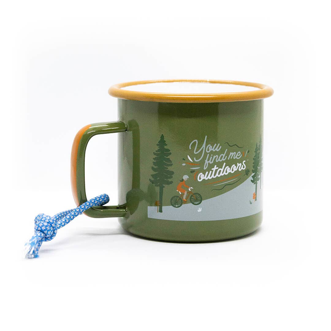 “You Find Me Outdoors” Enamel Mug