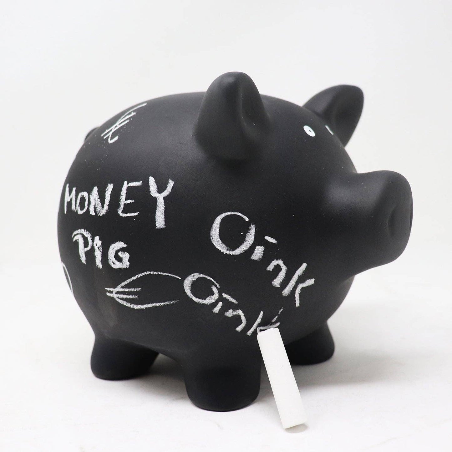 'Blackboard' piggy bank with chalk for writing