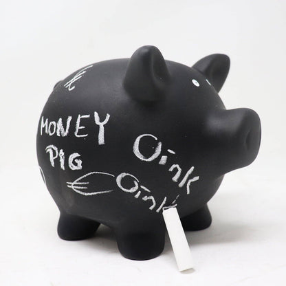 'Blackboard' piggy bank with chalk for writing