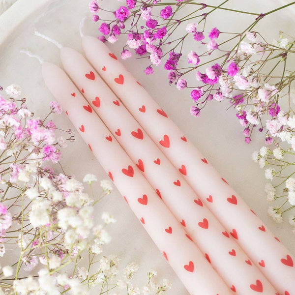 Set of 3 Heart-shaped taper candles for Valentine's Day