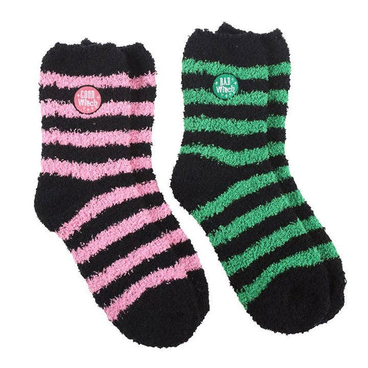 Set of 2 pairs of fluffy striped socks: Good Witch, Bad Witch