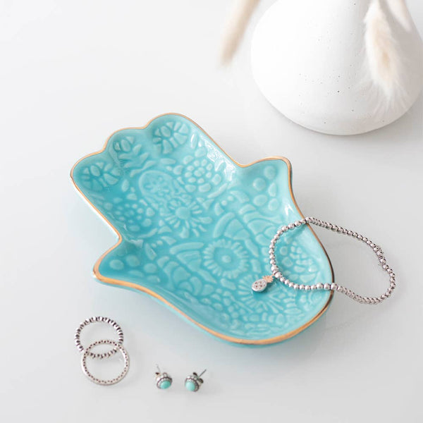 Small turquoise ceramic Hamsa hand jewelry dish
