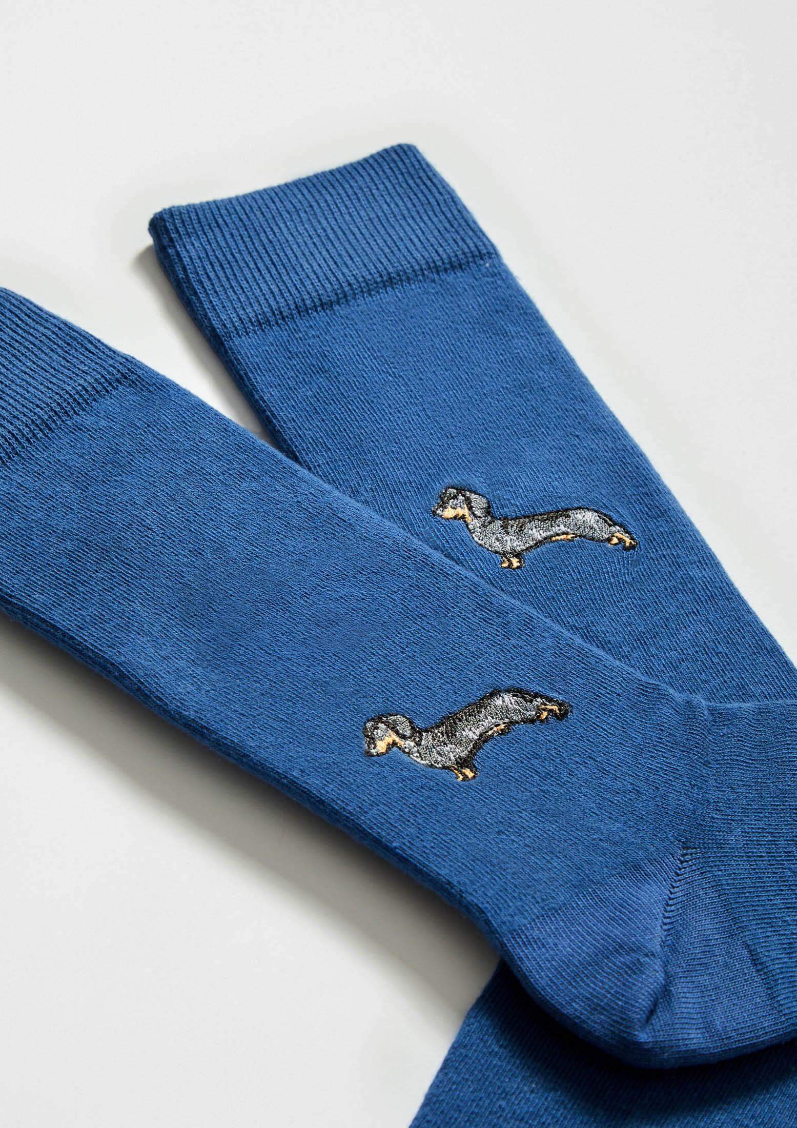 Chaussettes brodées BePets Teckel Bleu