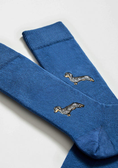 Chaussettes brodées BePets Teckel Bleu