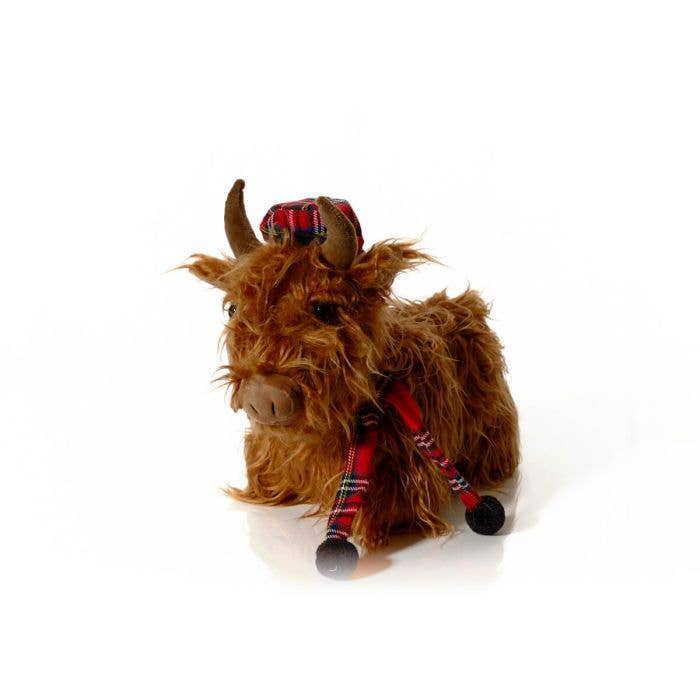 Christmas "Highland Cow" Plush Doorstop with Tartan Hat and Scarf