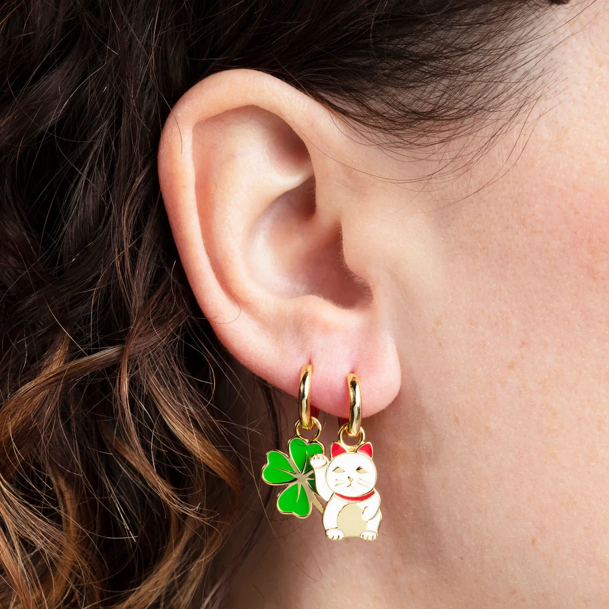 Hoop Earrings - Lucky Cat and Clover