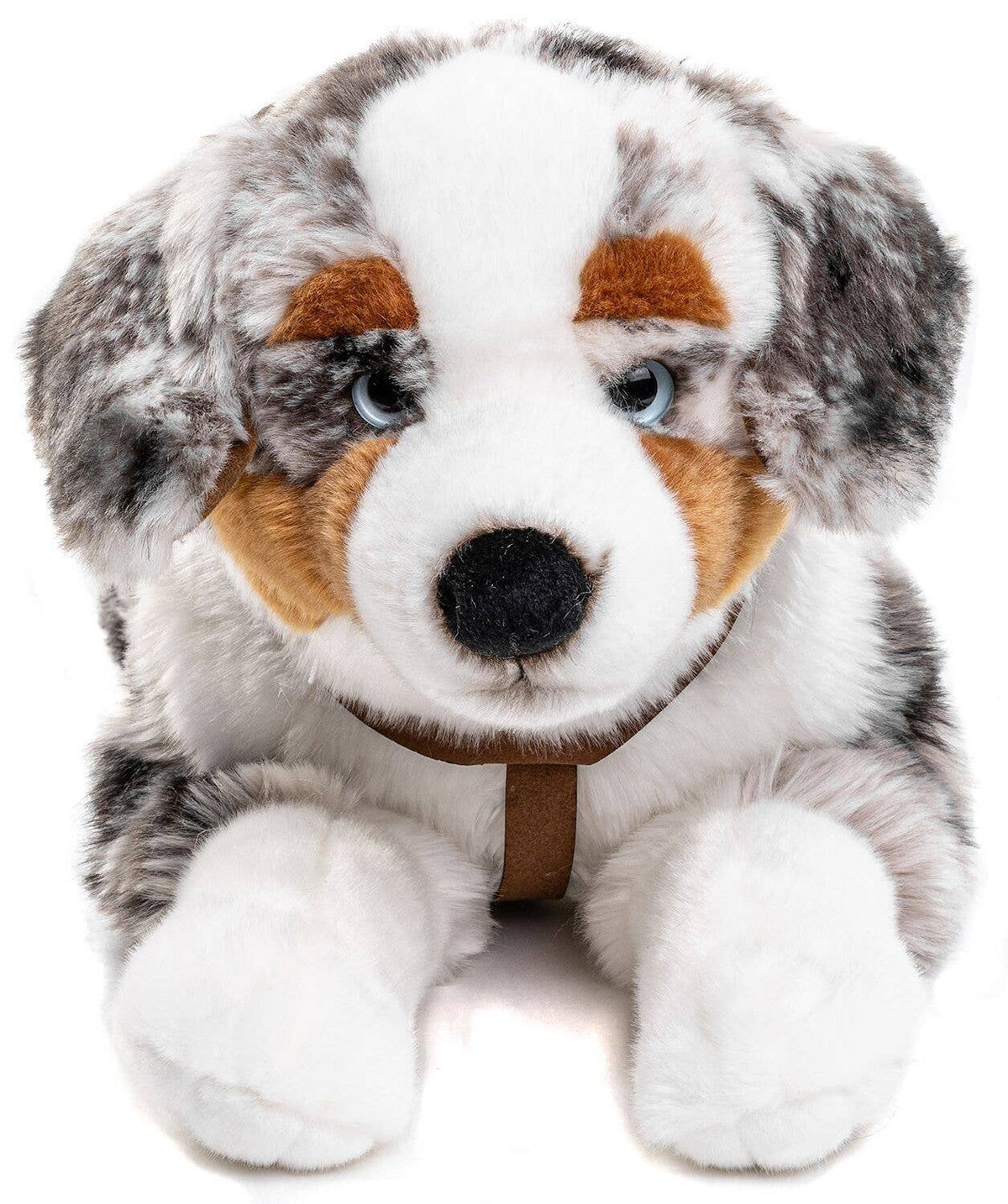 Australian Shepherd plush toy, lying down, with harness