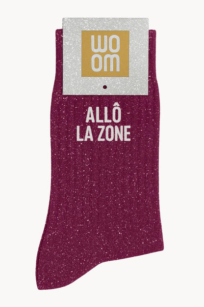 Chaussettes à Paillettes à Message "Allô la Zone" - Violet