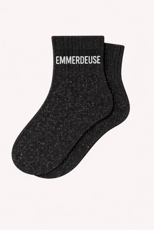 "EMMERDEUSE" Short Glitter Socks - Black