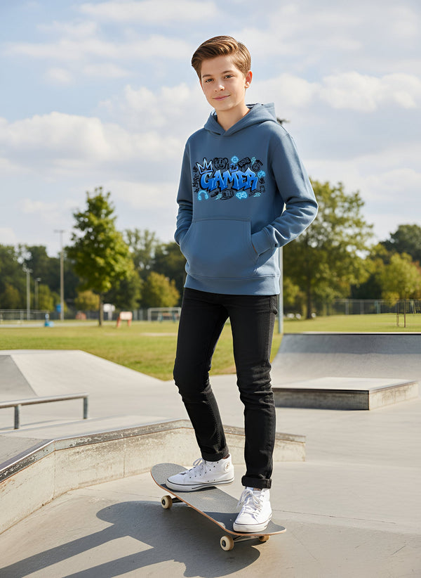 Sweat à capuche gaming – Fringoo gaming for Boys Cotton Rich Soft Hooded – gaming Graffiti bleu