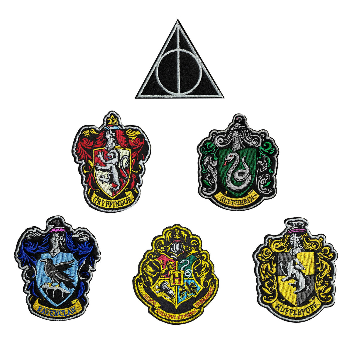 Set of 6 Deluxe Patches Hogwarts Houses and Deathly Hallows