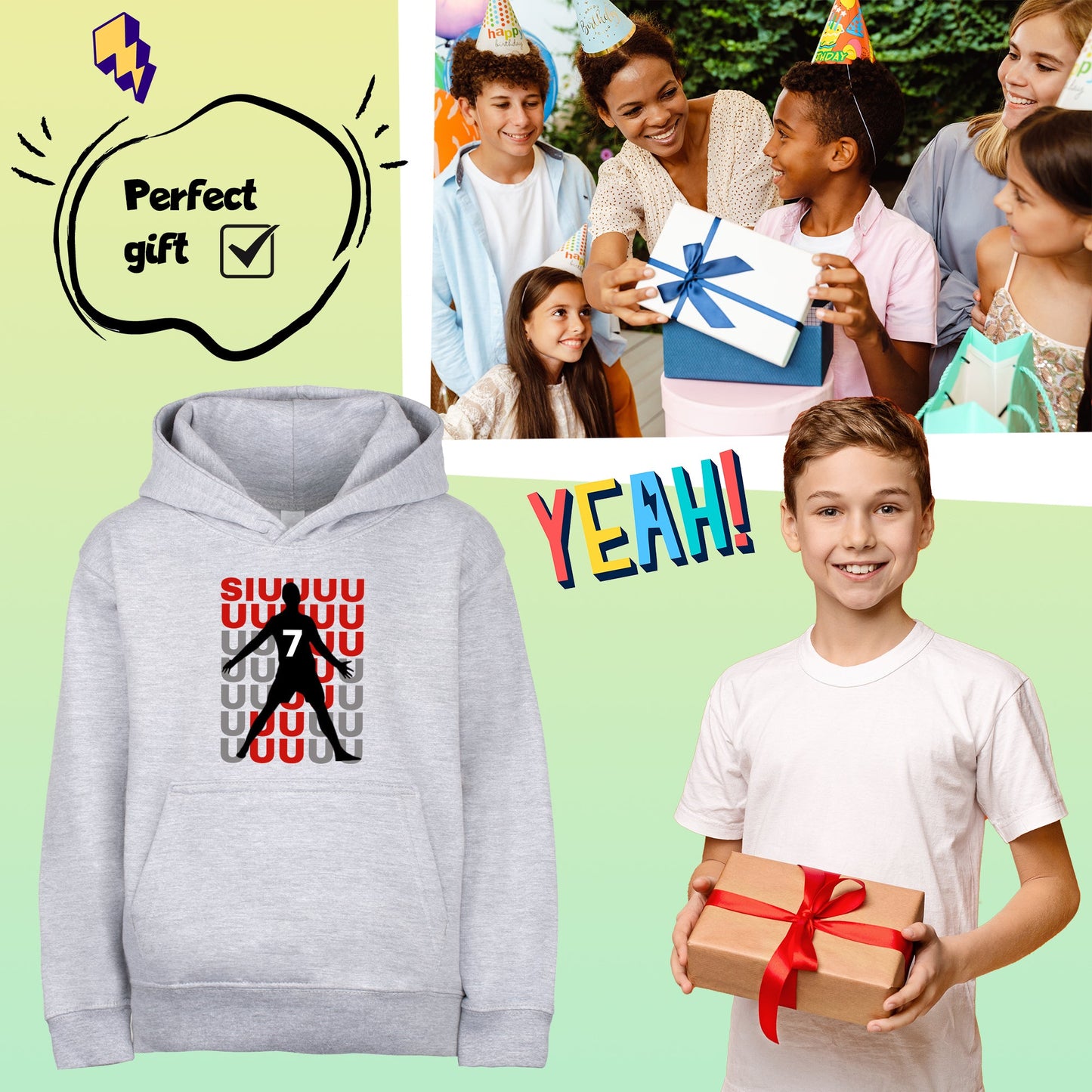 Fringoo Gamer Hoodie Grey for Boys Cotton Rich Soft Hooded Sweatshirt - Cristiano SIUUU Grey