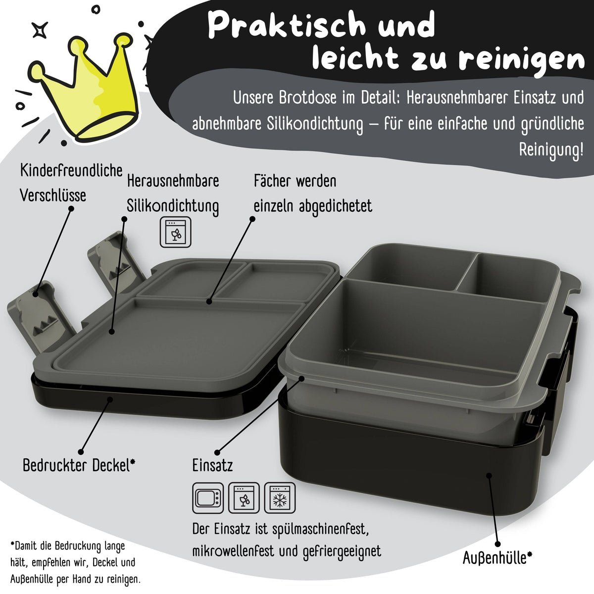 Lunch box with compartments, lightweight & leak-proof - Dinos black