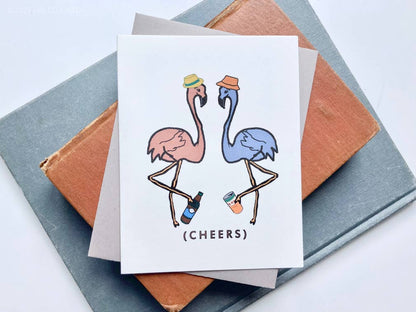 Wenskaart "Leggy Cheers" met flamingo-motief