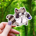 Sticker van een gekke wetenschapper met een wasbeer.