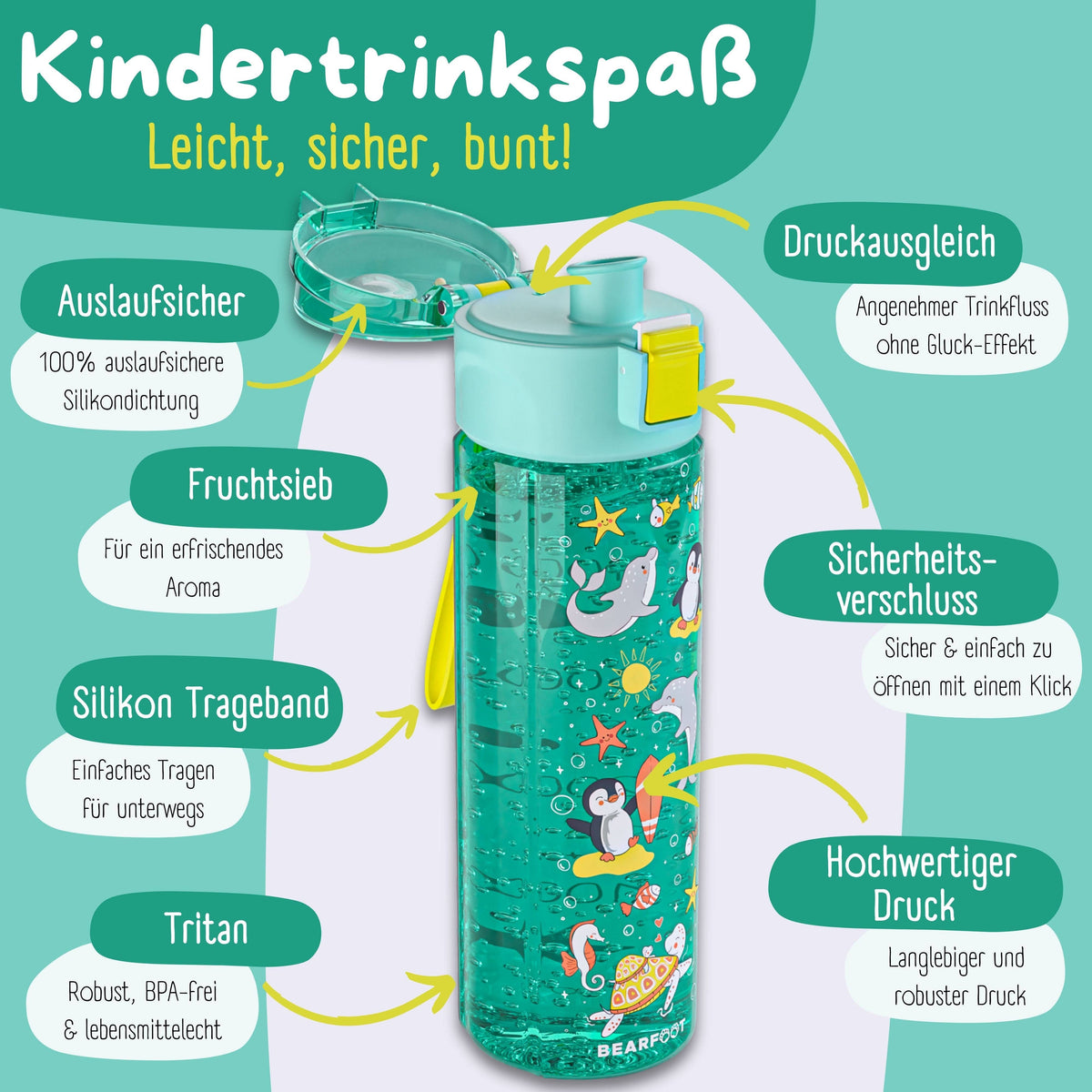 Children's water bottle, 500ml, lightweight - Ocean mint
