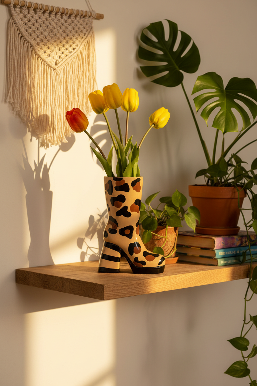 Ceramic high-heel boot vase, leopard print