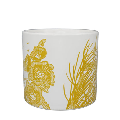 Keramische bloempot met riet en vogels, mosterdgeel