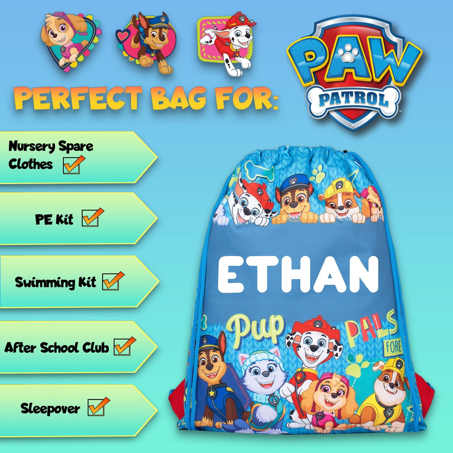 Paw Patrol Personalized Drawstring Bag for Kids
