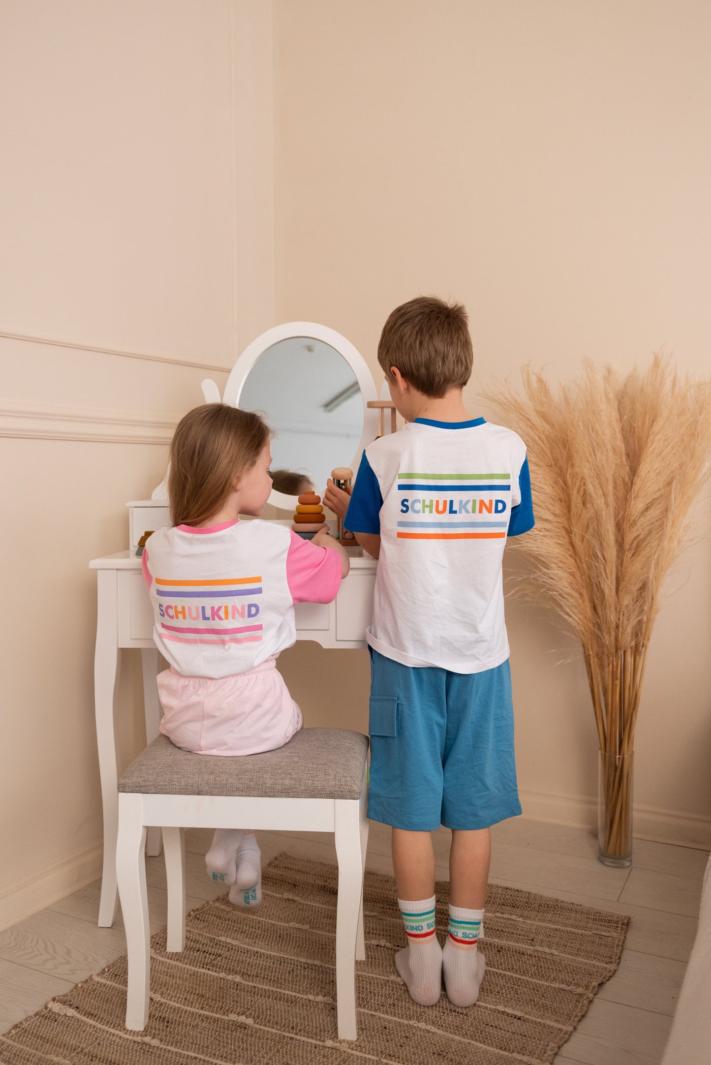 School-aged blue T-shirts