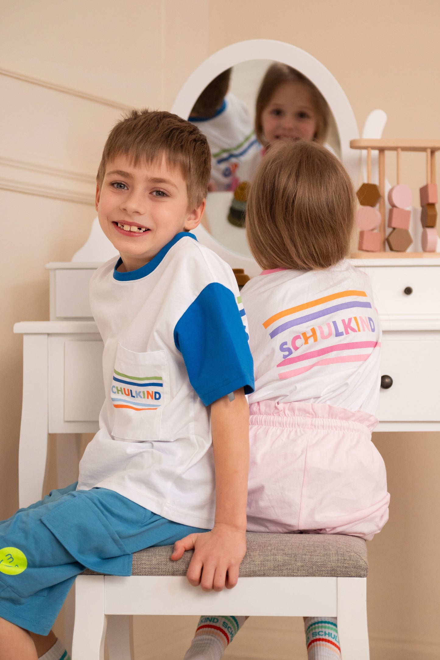 School-aged blue T-shirts