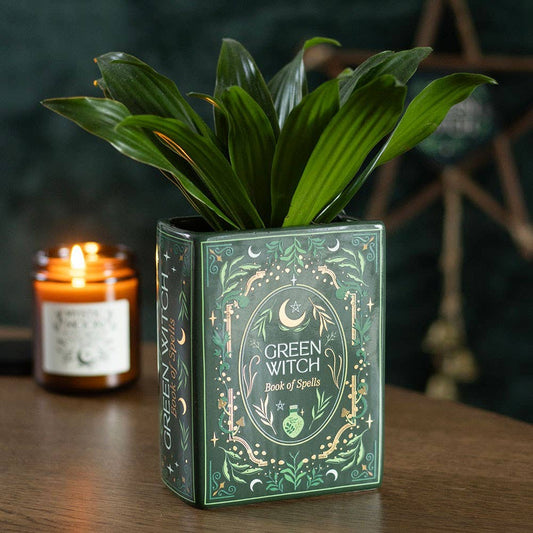 Green witch book-shaped vase