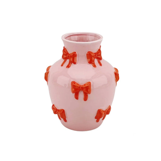 Vaas - Bloemenvaas met linten - Roze/Oranje - 14x14x19cm