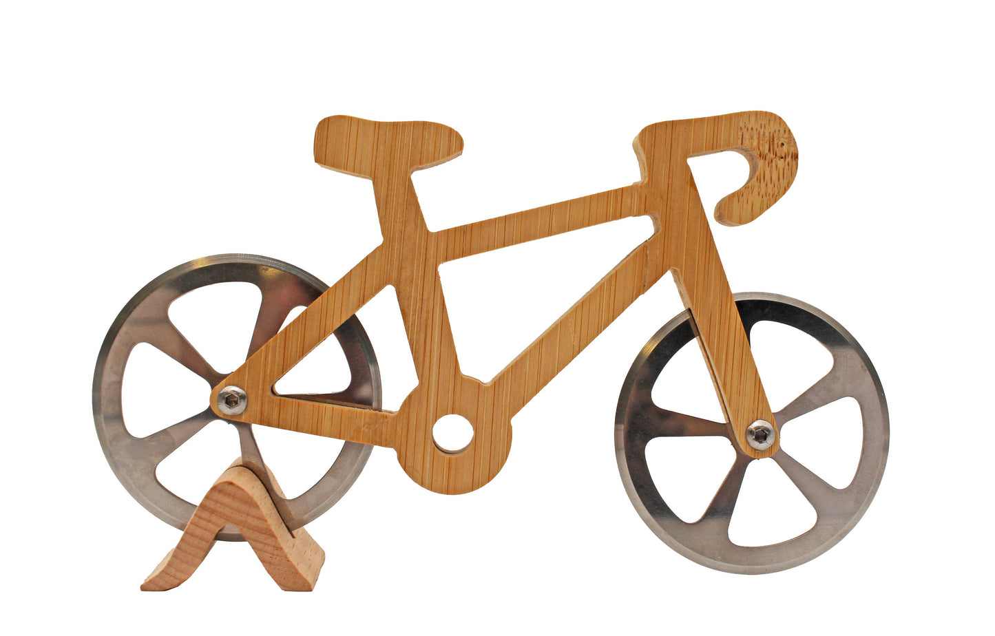 Houten pizzasnijder in de vorm van een fiets