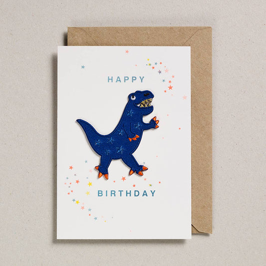 Greeting Card with Patch - Blue Dinosaur