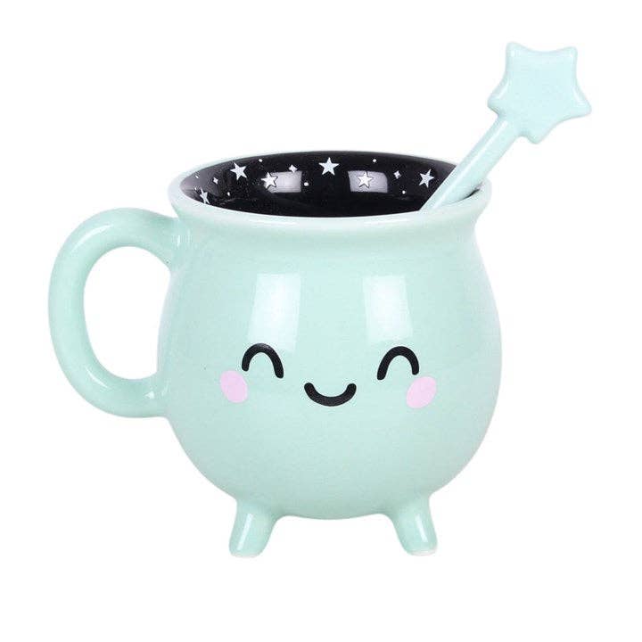 Mint Green Kawaii Cauldron Halloween Mug with Wand Stirrer