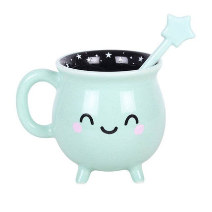 Tasse d'Halloween en forme de chaudron kawaii vert menthe avec touillette en forme de baguette
