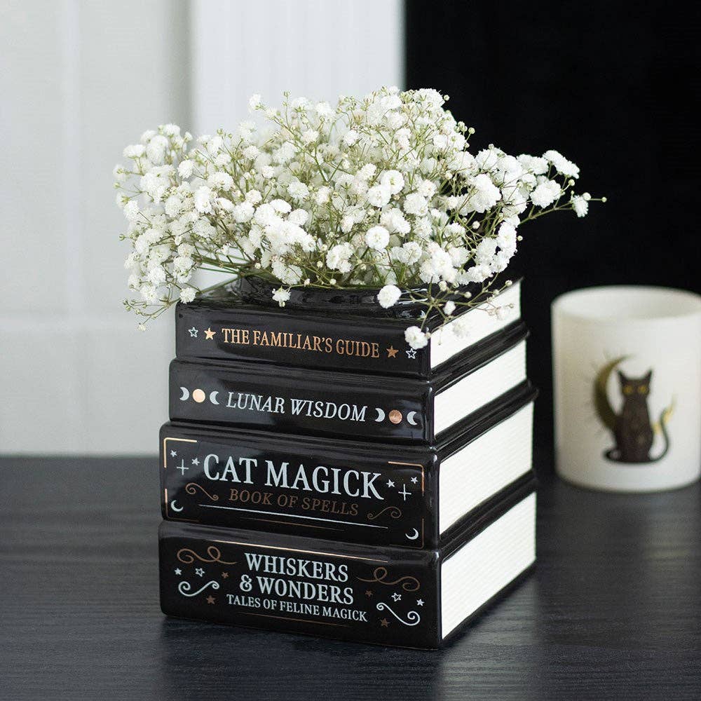 Magick Stack of Books Vase with Black Cat