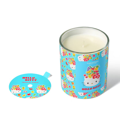 Blauwe kaars met originele Hello Kitty-print, geur Tropical Punch.