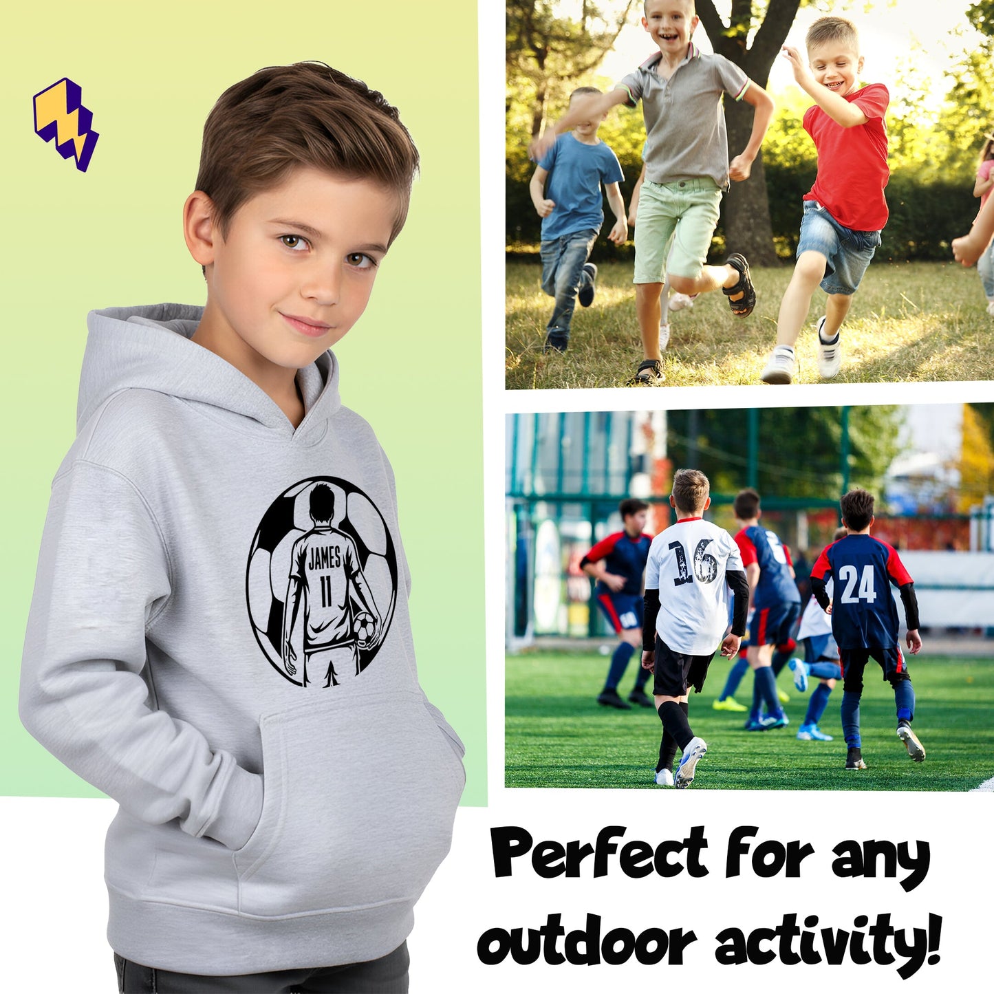 Fringoo football Sweat à capuche gris garçon Cotton Rich Soft Hooded Sweatshirt- football Ball garçon gris