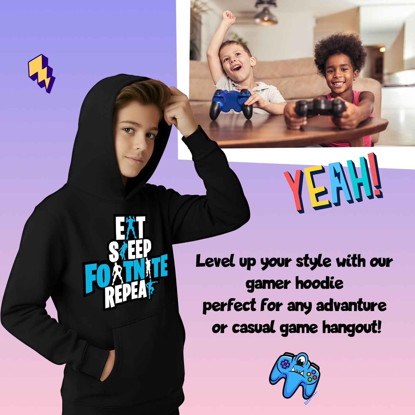 Fringoo gamer Sweat à capuche noir garçon Cotton Rich Soft Hooded Sweatshirt- Eat Fortnite noir