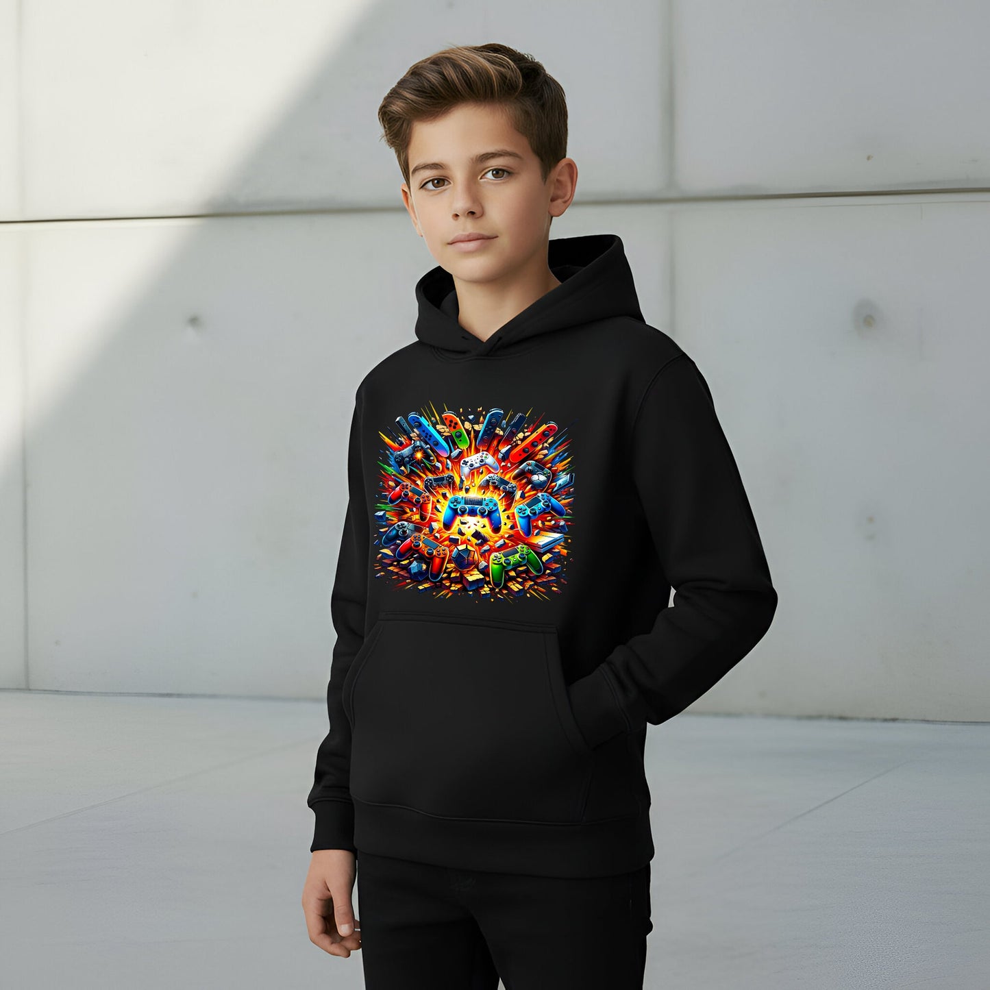 Fringoo Gamer Hoodie for Boys Cotton Rich Soft Hooded Sweatshirt - Pads Explode Black