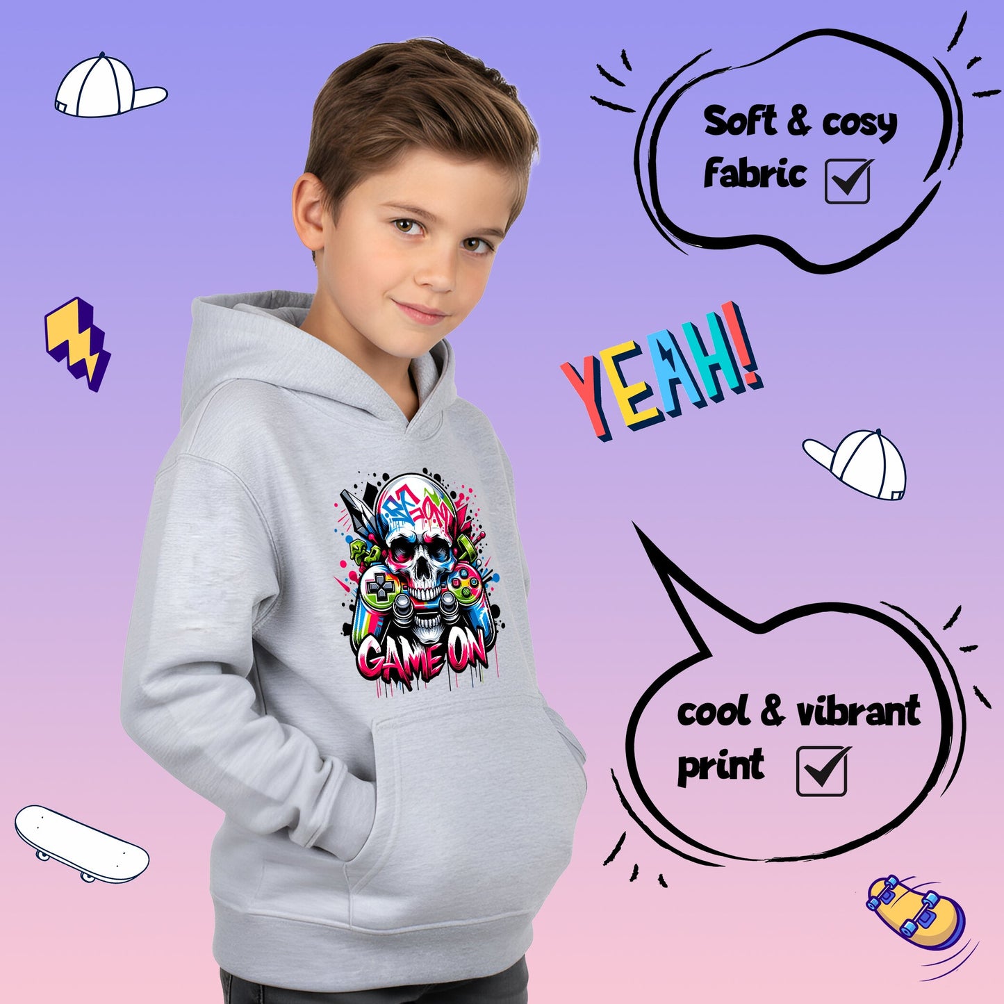 Fringoo gamer Sweat à capuche gris garçon Cotton Rich Soft Hooded Sweatshirt- Game on Skull gris
