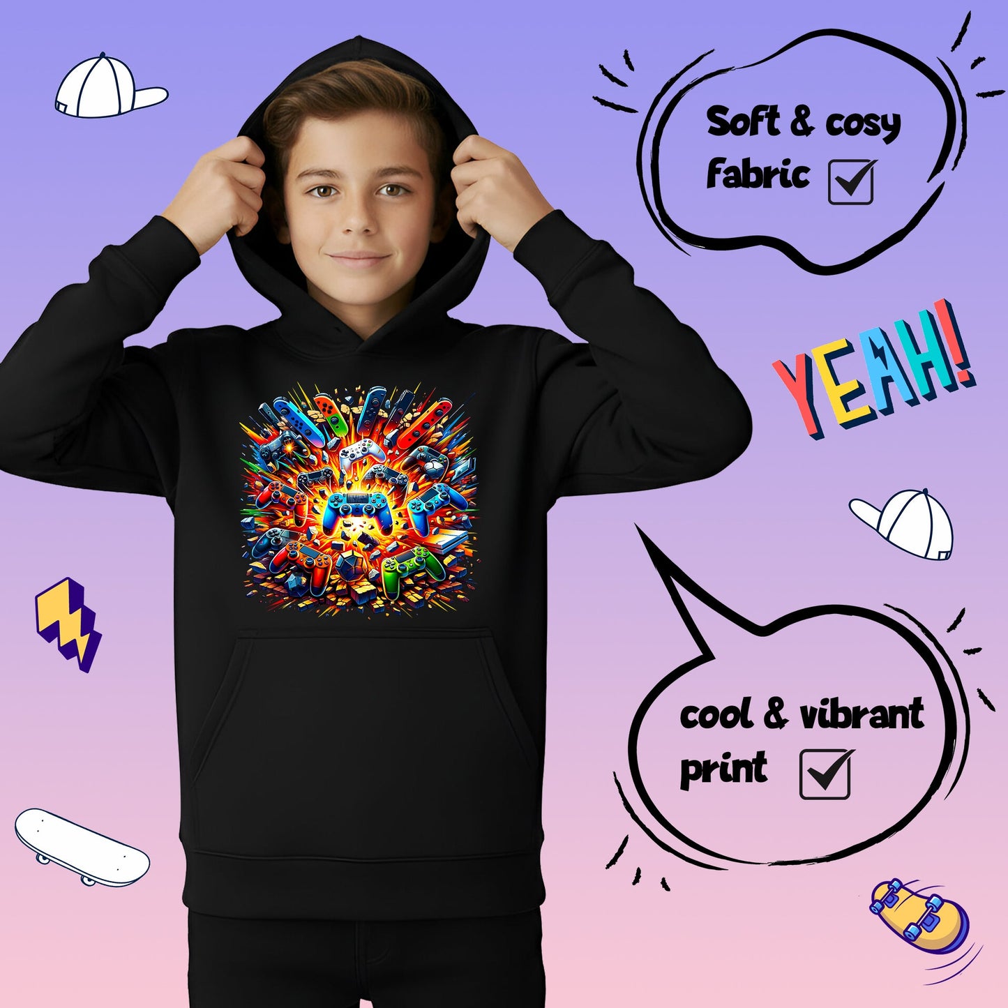 Fringoo Gamer Hoodie for Boys Cotton Rich Soft Hooded Sweatshirt - Pads Explode Black